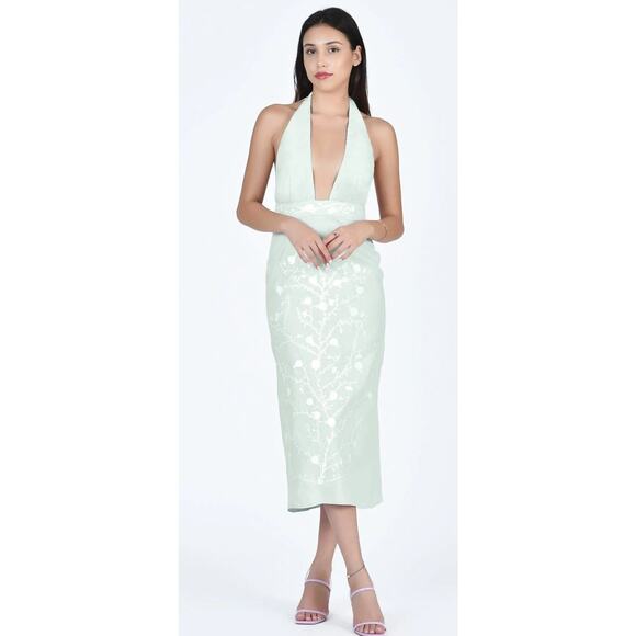 Fanm Mon Karla Embroidered Linen Deep V-Neck Halter Dress Large Mint Green NEW - Picture 1 of 13